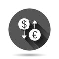 Currency exchange icon in flat style. Dollar euro transfer vector illustration on black round background with long shadow effect. Royalty Free Stock Photo