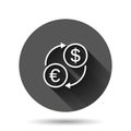 Currency exchange icon in flat style. Dollar euro transfer vector illustration on black round background with long shadow effect. Royalty Free Stock Photo