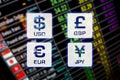 Currency exchange rate icons signs on digital display board Royalty Free Stock Photo