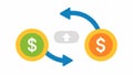 Currency Exchange A simple design showing two arrows exchanging digital coins with graphical currency symbols on either