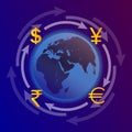 Currency exchange. Symbols of money, currencies of different countries of the world are located on arrows around the Earth Royalty Free Stock Photo