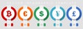 Currency flat design icon set, miscellaneous icons such as bitcoin, euro, dollar, yen and pound, vector infographic template, web Royalty Free Stock Photo