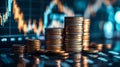 Currency fluctuation affecting commodities is depicted through an image of stacked coins set against a backdrop of an increasing Royalty Free Stock Photo