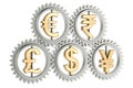 Currency gears, conversion and exchange of currencies, concept. 3D rendering