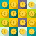 Currency gold coin icons set, flat style Royalty Free Stock Photo