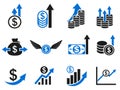 Currency growth icon set, capital increase, stock price growth, savings accumulation, dollar rate increase Ã¢â¬â vector Royalty Free Stock Photo