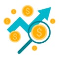 Currency growth, money increase graph. Trading chart, rise arrow with gold coins. Vector flat illustration