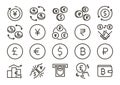 Currency icon set. Vector thin line signs and symbols for different world money currencies, exchanges, trading etc. Dollar, euro,