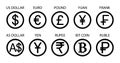 Currency icon. Symbol of dollar, euro, pound, yen, yuan and ruble. Sign of exchange international currencies. Gbp, rupee, Royalty Free Stock Photo