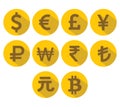 Currency Icons Set. Flat design with long shadow.