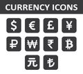 Currency Icons Set. White over black.