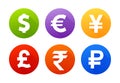 Currency icons with shadow dollar euro pound yen yuan rupee ruble