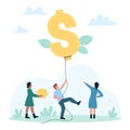 Currency inflation, financial investment, tiny people holding rope with dollar balloon