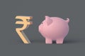 Currency inflation. Rupee symbol near piggy bank. Budget concept