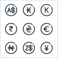 Currency line icons. linear set. quality vector line set such as chinese yuan, dollar, naira, euro, hryvnia, rupee, laos, myanmar