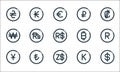 Currency line icons. linear set. quality vector line set such as dollar, dollar, japanese yen, laos, turkish lira, won, bitcoin,