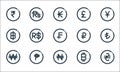 Currency line icons. linear set. quality vector line set such as hryvnia, naira, won, bitcoin, cuba, thai baht, ruble, pound,