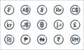 Currency line icons. linear set. quality vector line set such as malaysian ringgit, naira, shekel, rupee, cuba, danish krone,