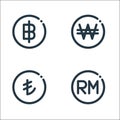 Currency line icons. linear set. quality vector line set such as malaysian ringgit, turkish lira, won