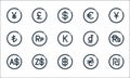 Currency line icons. linear set. quality vector line set such as shekel, thai baht, dollar, hryvnia, dollar, turkish lira, vietnam