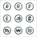 Currency line icons. linear set. quality vector line set such as shekel, won, rupee, colon, dollar, pound, swiss franc, south Royalty Free Stock Photo