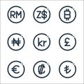 Currency line icons. linear set. quality vector line set such as turkish lira, colon, euro, pound, danish krone, naira, bitcoin,