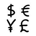 Currency money finance sign icons. Vector illustration hand drawn doodle. Euro, Dollar, Yen, Pound Royalty Free Stock Photo
