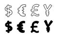 Currency money finance sign icons. Vector illustration hand made doodle set. Euro Dollar Yena Pound Royalty Free Stock Photo