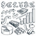 Currency, money, financial graph and diagram business icons. Investment and finance vector sketch illustration