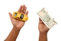 Indian currency notes and toy car in the hands bank loan concept Royalty Free Stock Photo