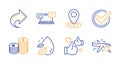 Currency, Share and Location icons set. Confirmed, Like and Internet chat signs. Vector
