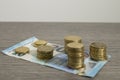 Currency, shiny euro coins and banknote on a decorated wood table