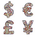 Currency signs, dollar, euro, yen, pound sterling. Set colorful icons of doodles patterns.