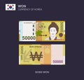 Currency of South Korea. Flat vector illustration of korean fifty thousand won.