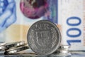 Swiss 5 franc coin and others and banknote Royalty Free Stock Photo