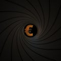 Euro currency symbol as seen behind the rifling of a gun barrel. Crisis or economic threat related conceptual 3D