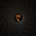 Rupee currency symbol as seen behind the rifling of a gun barrel. Crisis or economic threat related conceptual 3D