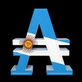 Currency symbol with national flag. Austral is the currency of Argentina. 3d render isolated on black