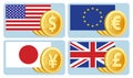 Currency symbols: dollar, euro, yen, pound sterling. Flags of th Royalty Free Stock Photo