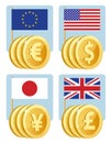 Currency symbols: euro, dollar, yen, pound sterling. Flags of th Royalty Free Stock Photo