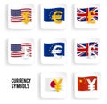 Currency symbols icon set: dollar, euro, pound, yuan, yen Royalty Free Stock Photo