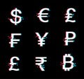 Currency vector icon set in glitch style Royalty Free Stock Photo