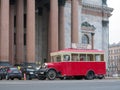 Retro bus carries tourists, conducts city tours. Travel around St. Petersburg.