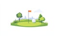 A current golf course design featuring floating golf balls and flags, set in a serene landscape during the day. Royalty Free Stock Photo