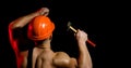 Currently under construction. Man work with hammer. Hard worker use muscular strength. Construction worker hammer a nail Royalty Free Stock Photo