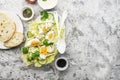 Curried egg` garden salad with lettuce, fresh cucumber slices, yogurt-based curry sauce, organic eggs with black sesame Royalty Free Stock Photo