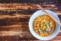 Curried noodle soup Khao soi with beef and spicy coconut milk. Royalty Free Stock Photo