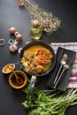 Curried Noodle Soup with spicy coconut milk and beef In a black Royalty Free Stock Photo