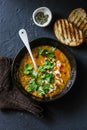 Curried red lentil tomato and coconut soup - delicious vegetarian food on dark background