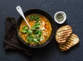 Curried red lentil tomato and coconut soup - delicious vegetarian food on dark background Royalty Free Stock Photo